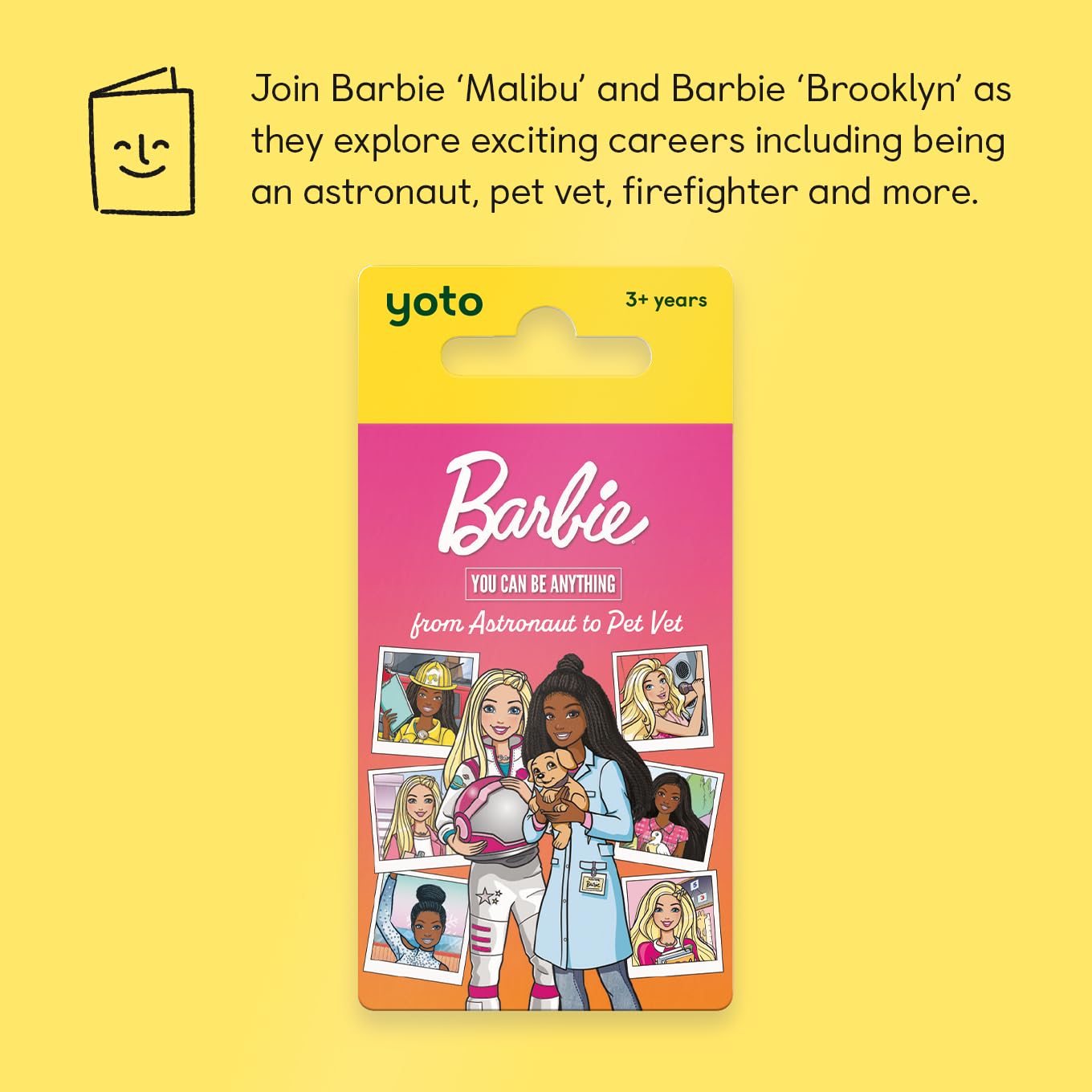 YOTO Barbie You Can Be Anything: od astronauty do weterynarza zwierząt domowych – karta dźwiękowa dla dzieci do użytku z odtwarzaczem i mini urządzeniem audio All–w-1, słuchanie bez ekranu, zabawa na