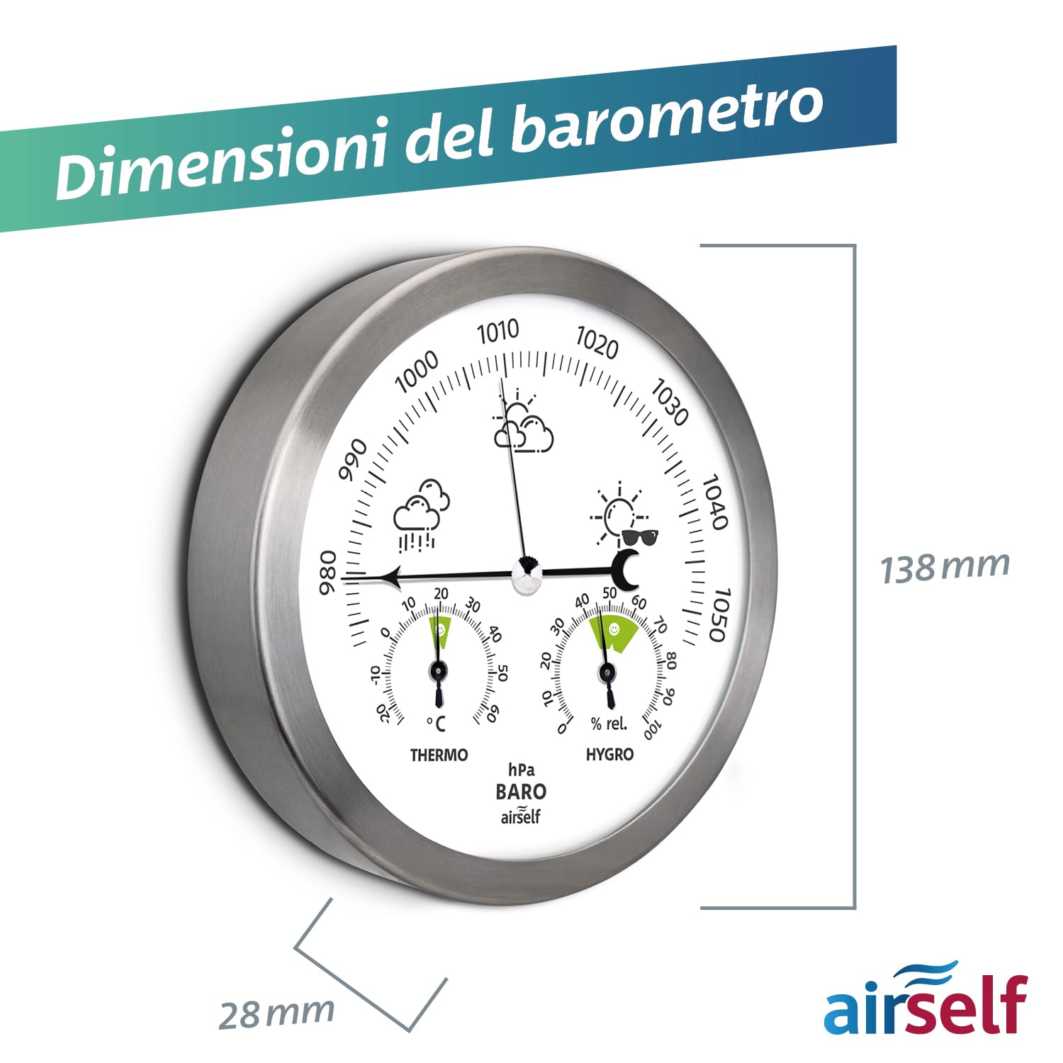 Stazione meteorologica analogica in Acciaio Inox - con barometro, termometro e igrometro - da Interni ed Esterni