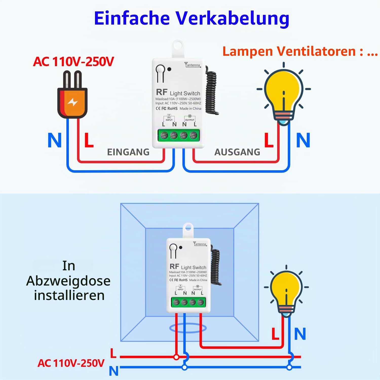 DieseRC Funk Lichtschalter, RF Drahtloser Sender Schalter und 10A Relaisempfänger-Controller, für Lichter mit einer Leistung von bis zu 1500 Watt