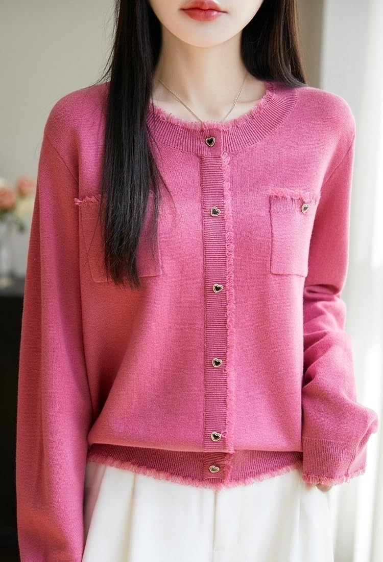 Camiseta de Jersey de Lana Merino de Lana Merino de Manga Larga de Cuello Redondo Suéter Ligero con Botones en Forma de Corazón, Top de Punto Deshilachado Chic Prenda de PU