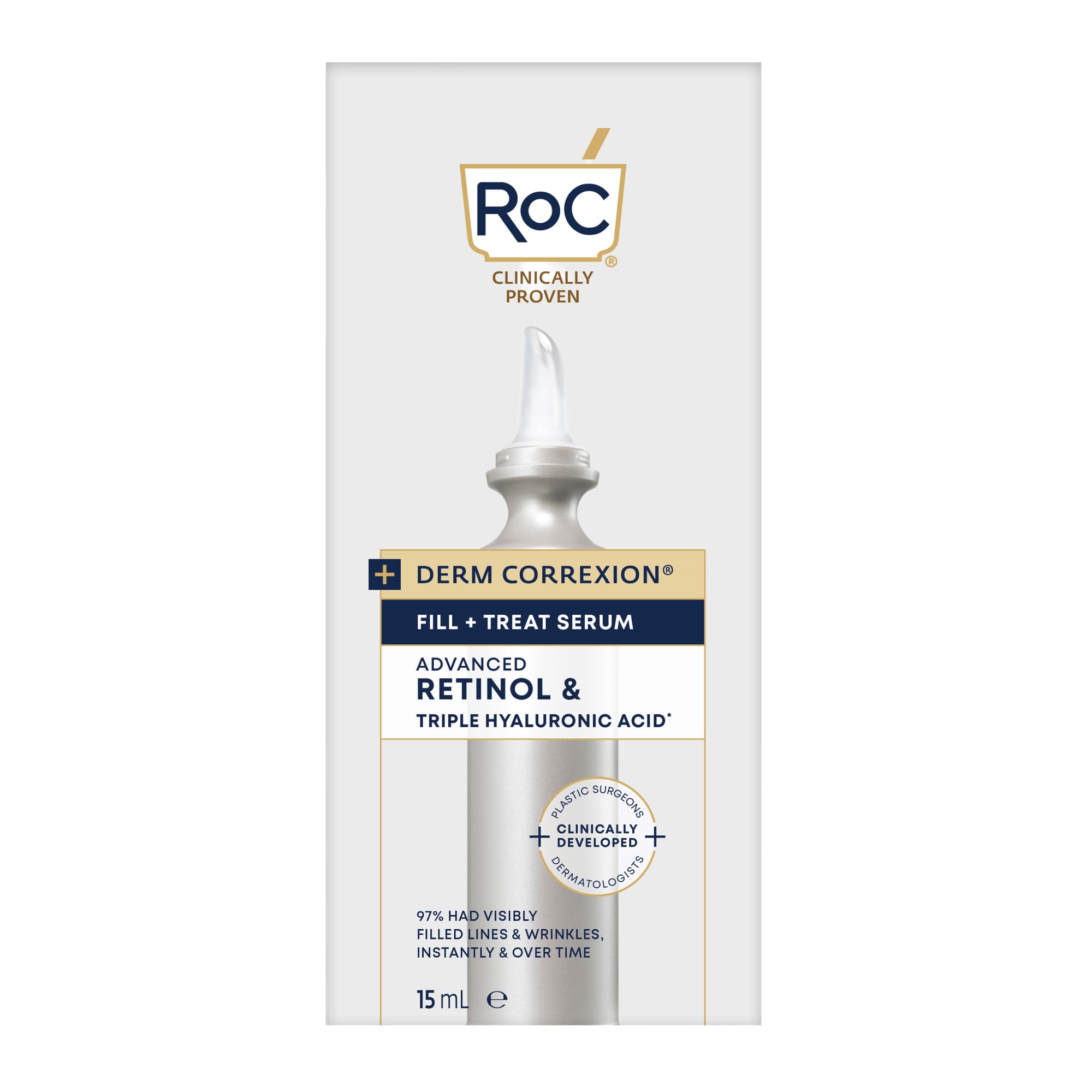 RoC Derm Correxion Serum Fill + Treat for Face, Neck, & Jawline, Wrinkle Filler, Advanced Retinol & Triple Hyaluronic Acid - 15ml
