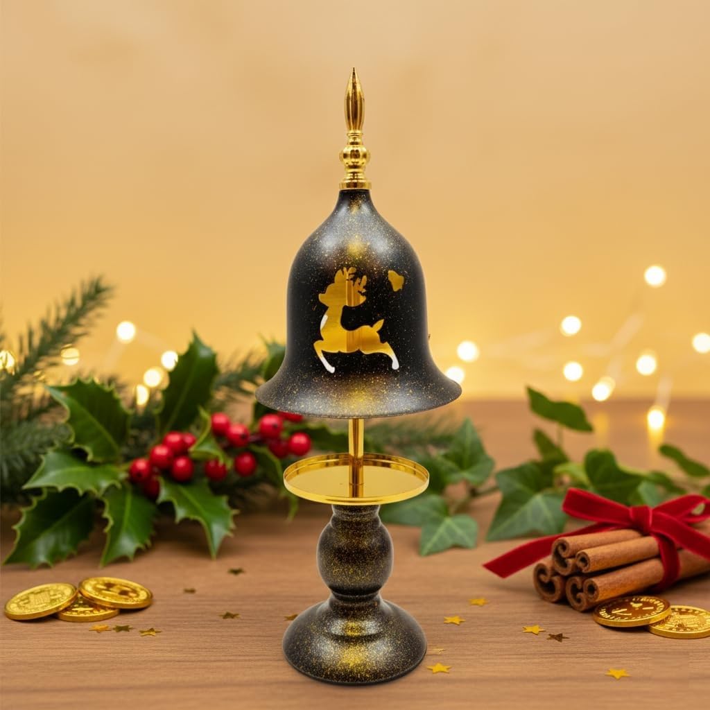 ELARE Decorative Christmas Bell, Black and Gold Finish | Reindeer Design, 40cm Height, Festive Holiday Ornament, Gold Pedestal Base