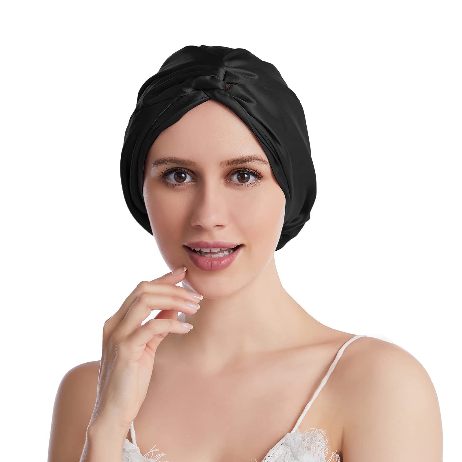 Silk Bonnet for Sleeping 100% Mulberry Silk Sleep Cap for Women Hair Care Night Cap Fixed by The Elastic(1Pc, Black)