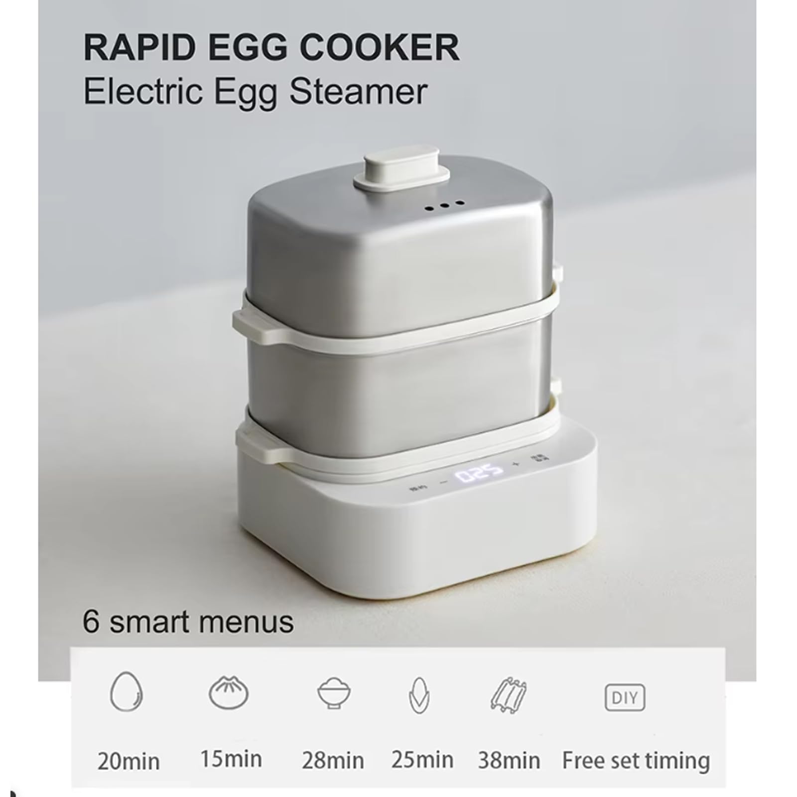 Cocedor De Huevos Inteligente, Hervidor De Huevos Con Recipiente Para Cocinar Al Vapor De Acero Inoxidable, 6 Modos, Reserva De 12 Horas, Bandeja De Agua Profunda De 350 Ml, Apagado Automático
