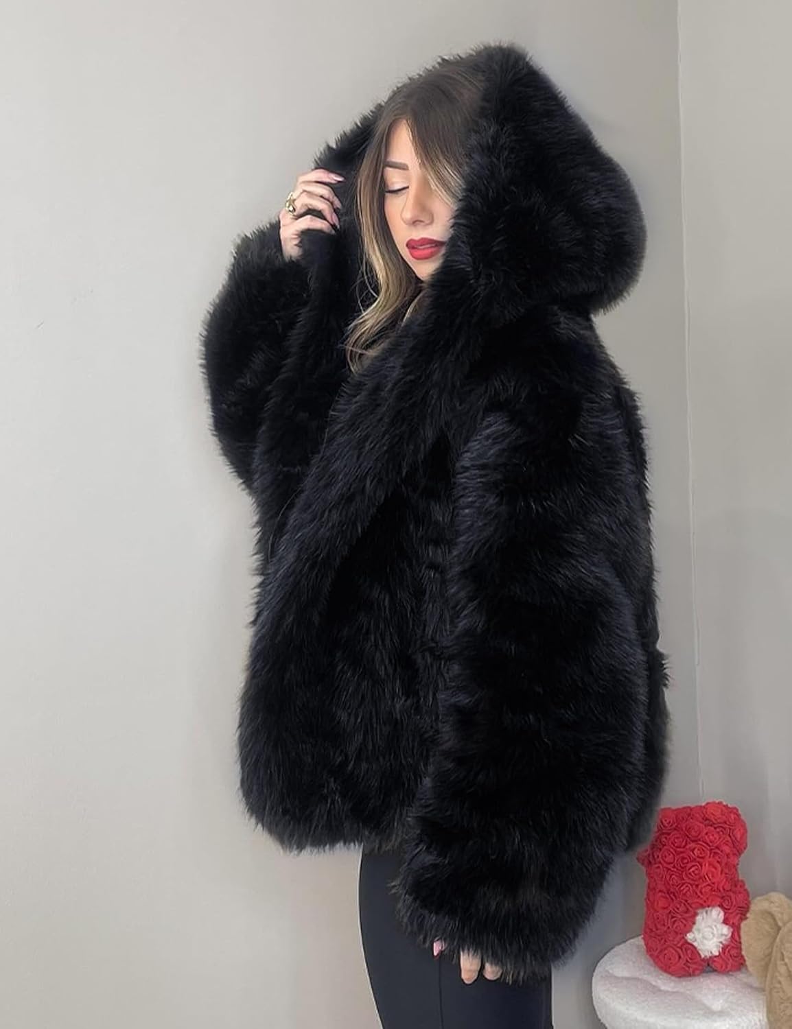 Wyeysyt Women's Faux Fur Coat with Hood Open Front Fluffy Short Coats Winter Warm Thick Cropped Hooded Shaggy Jacket