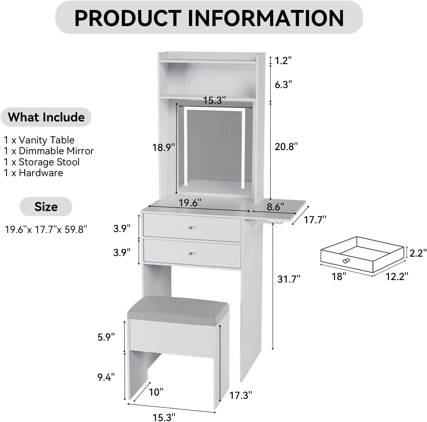 White Compact Vanity Desk Set with Adjustable Mirror and Storage Bench