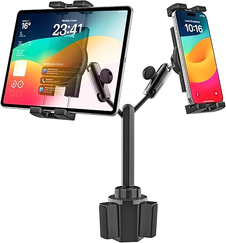 Miniatura 1 de GDZN Soporte doble para tableta para portavasos de automóvil, soporte de tableta de metal giratorio de 360 para camioneta pickup SUV, soporte de