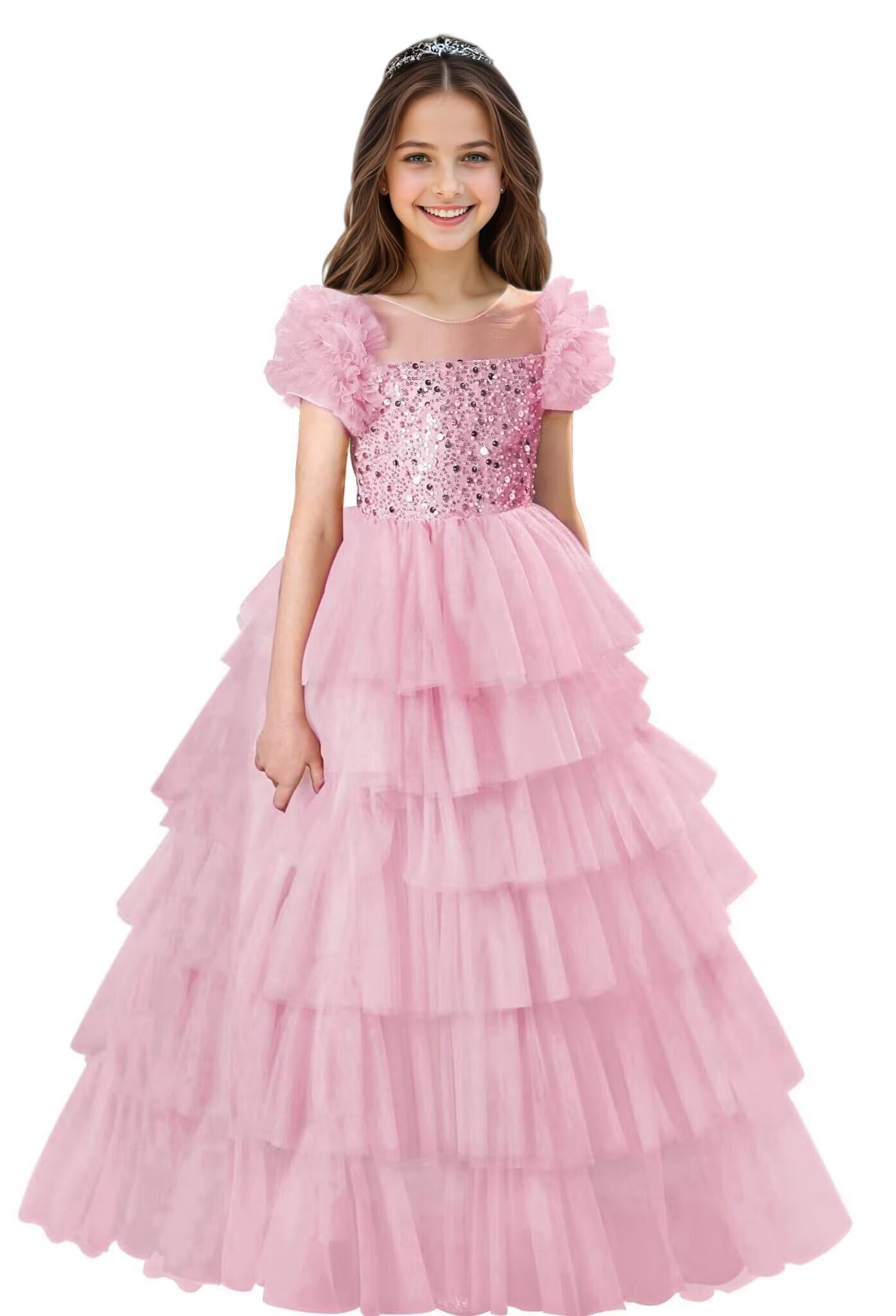 Sequin Flower Girl Dresses for Wedding Ruffles Sleeves Pageant Dresses for Girls Puffy Tulle Prom Gown for Girls