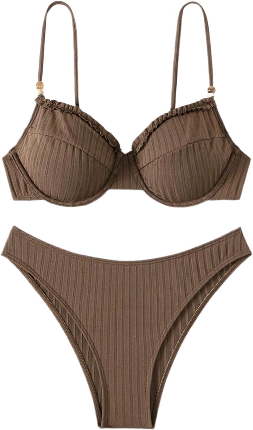MakeMeChic Women’s 2 Piece Bikini Set Rib Knitted Frill Trim Underwire High Cut Bathing Suit Swimsuit