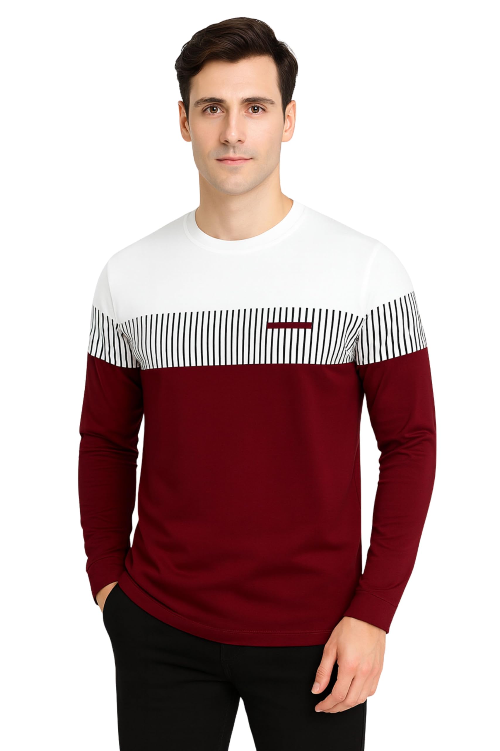 Men’s Navy Blue & White Stylish T-Shirt | Half Sleeve High Neck Casual Slim Fit Polo Style Tee with Striped Chest Design-image-24