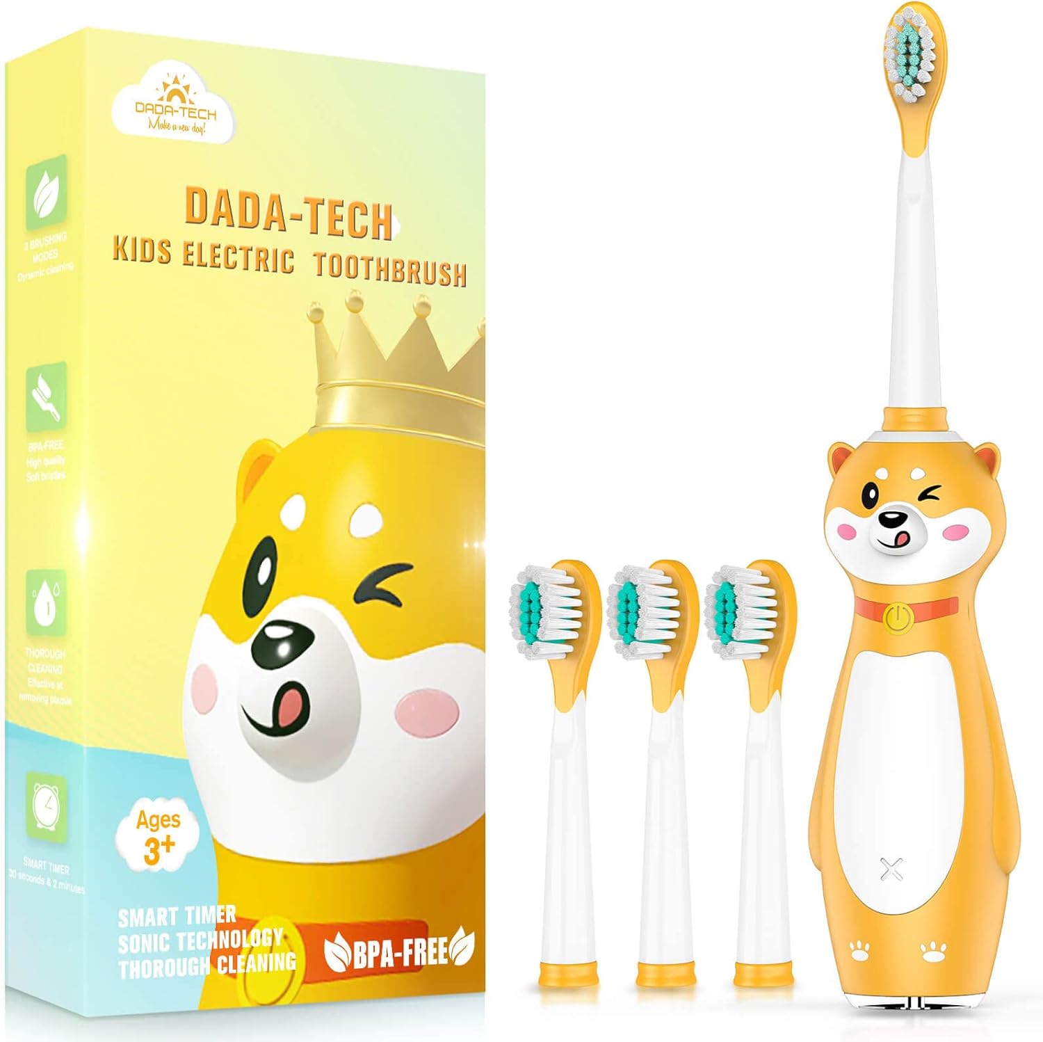 Cepillos de dientes eléctricos recargables para niños, cepillo de dientes sónico con temporizador para niños y niñas a partir de 3 años, 3 modos con memoria, 4 cabezales de cepillo suave (amarillo)