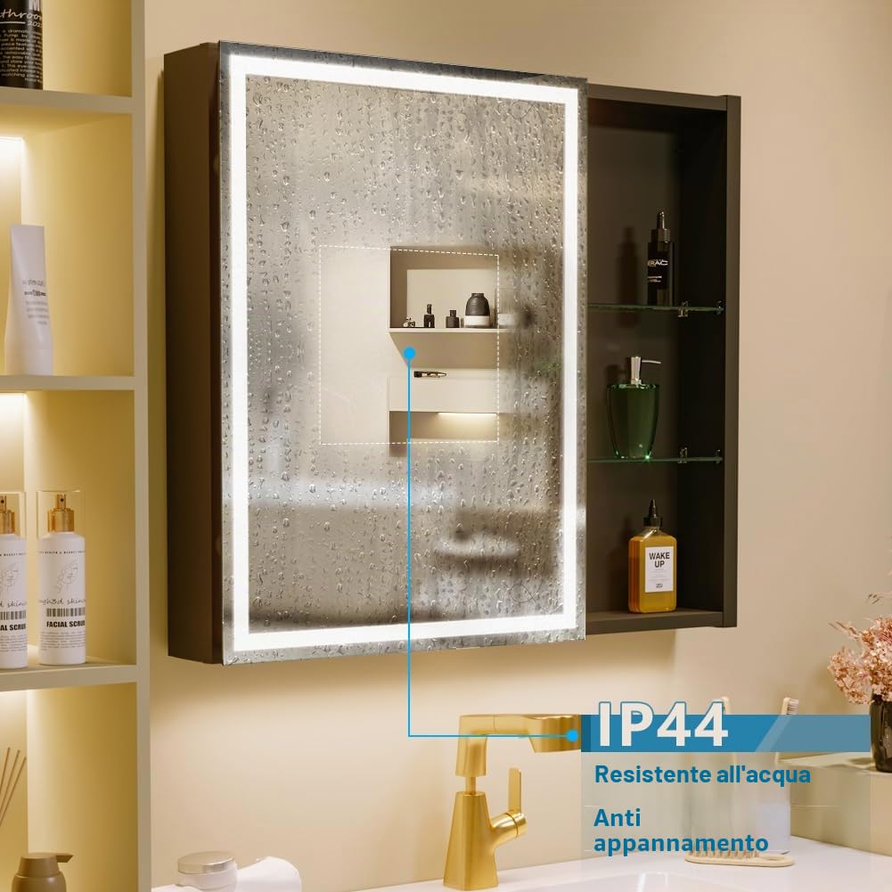 KWW LED Illuminato Bagno Medicine Cabinet con Specchio, Temperatura di Colore Regolabile, Luci Dimmabili Anti-Nebbia, Outlet & USBs, Armadio Medico Montato A Parete (75.2_x_70_cm)