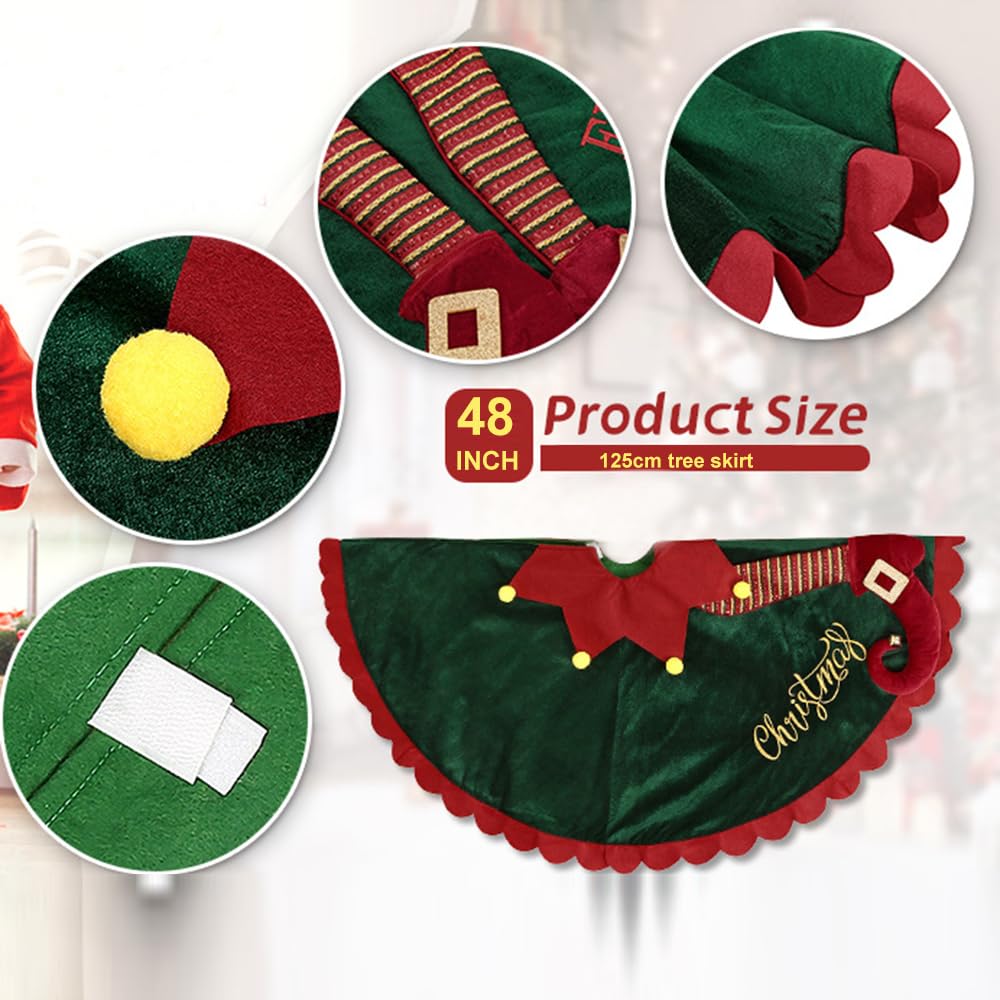Gonna per albero di Natale, 124,5 cm, verde e rosso, copertura in velluto per albero di Natale con gambe di elfo, decorazione per interni ed esterni