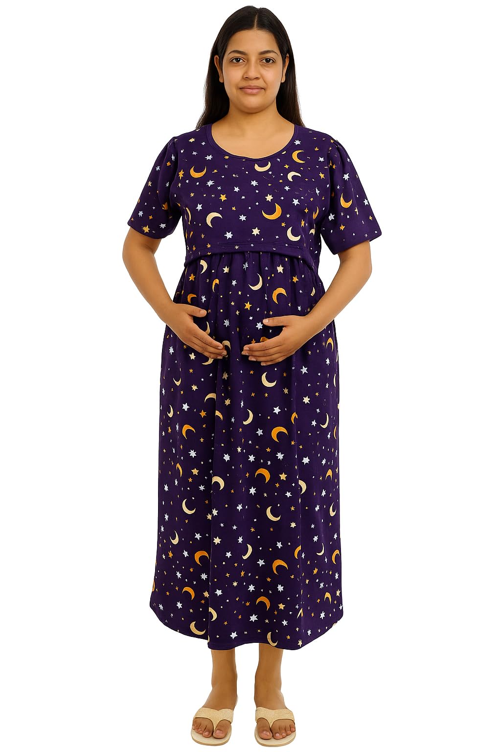 Women's Celestial Print Maternity Maxi Dress, Purple with Moon and Stars Pattern, Short Sleeve Empire Waist, Ankle Length-image-25