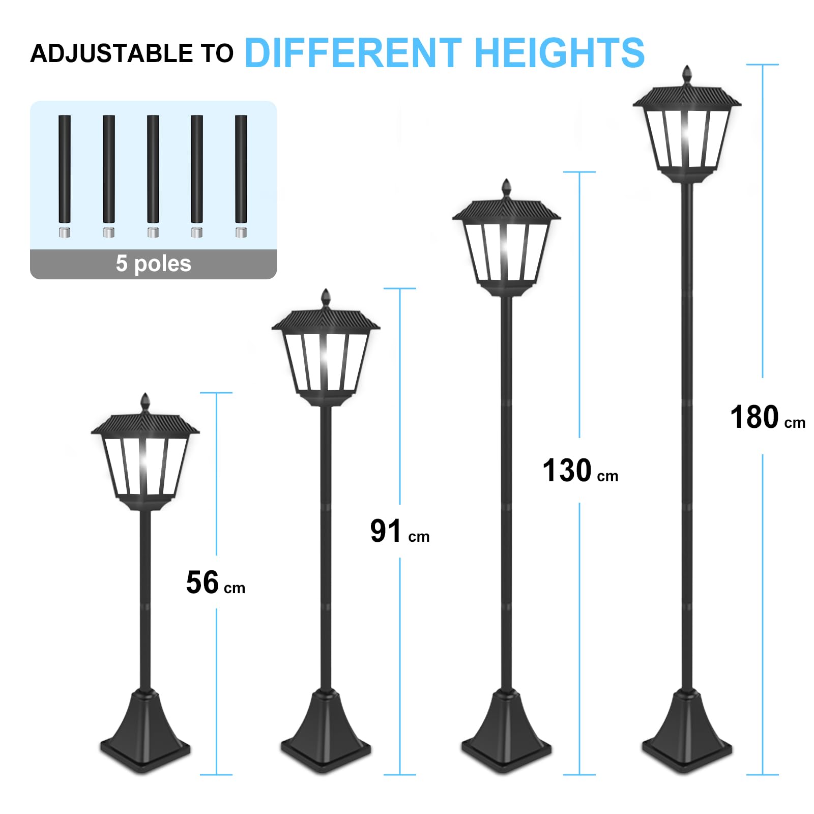 Lámpara Solar LED de Exterior 180 cm con Estaca Farol Solar de Jardín Impermeable, Lámpara Solar de Pie para Senderos Terraza Balcón Luz Blanca (1 Pieza)