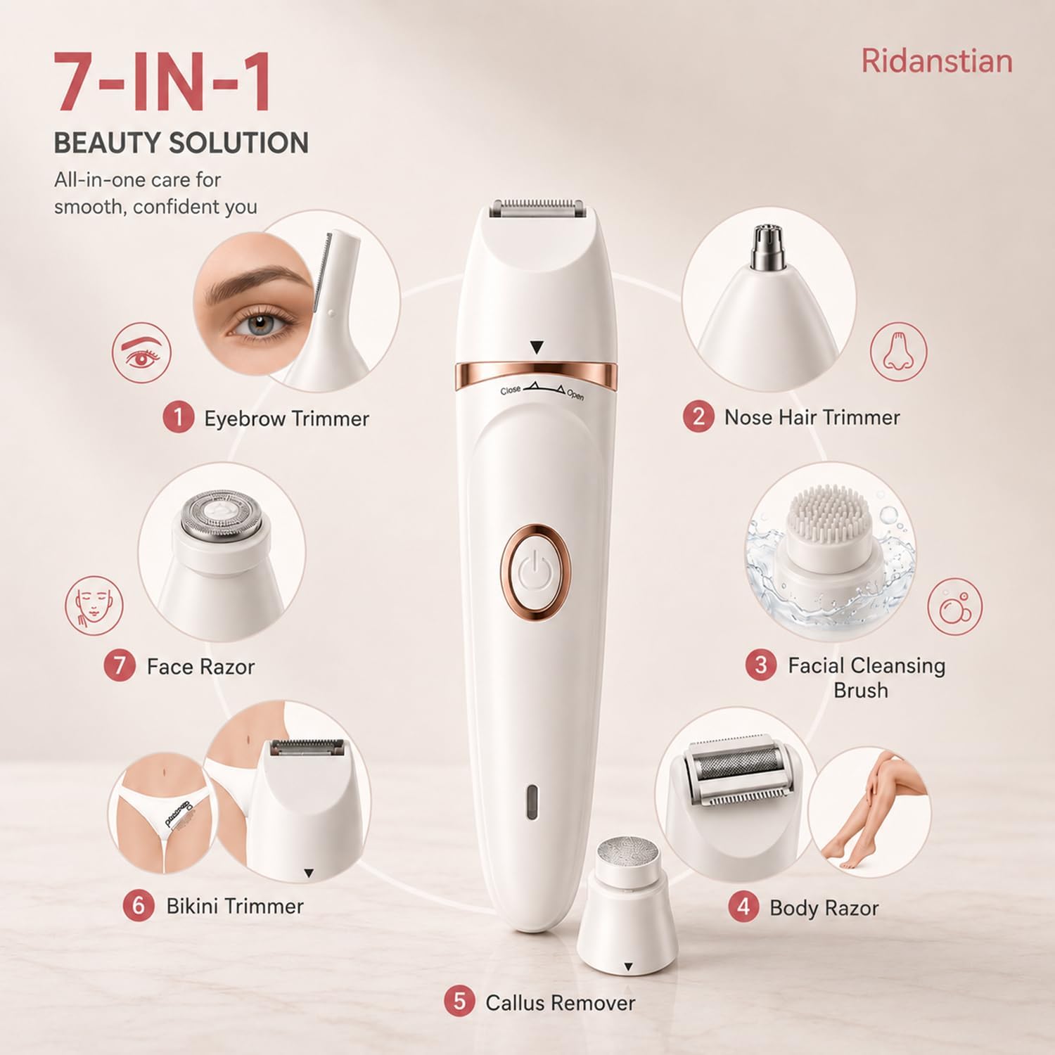 Depiladora facial para mujer, afeitadora corporal 7 en 1 sin dolor y depiladora facial, depilación facial, kit de depilación recargable para rostro, piernas, bikini, axila (4 V)