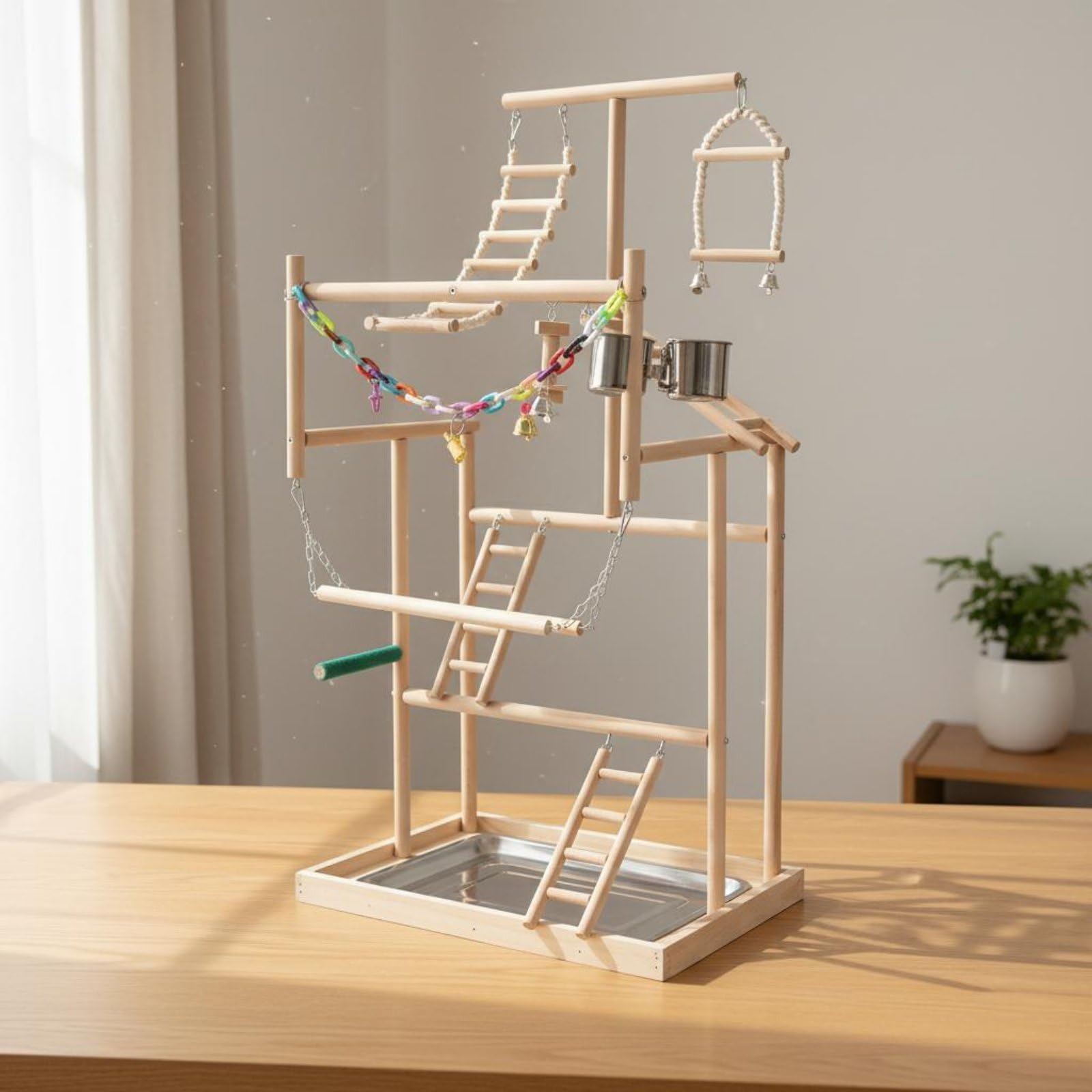 Colcolo Perchoir pour Oiseaux Support d'Entraînement Échelle Parc d'Activités en Bois Métal Plastique avec Accessoires Interactifs Convient à Détente et Exercice Quotidien Cage et Plan de Travail