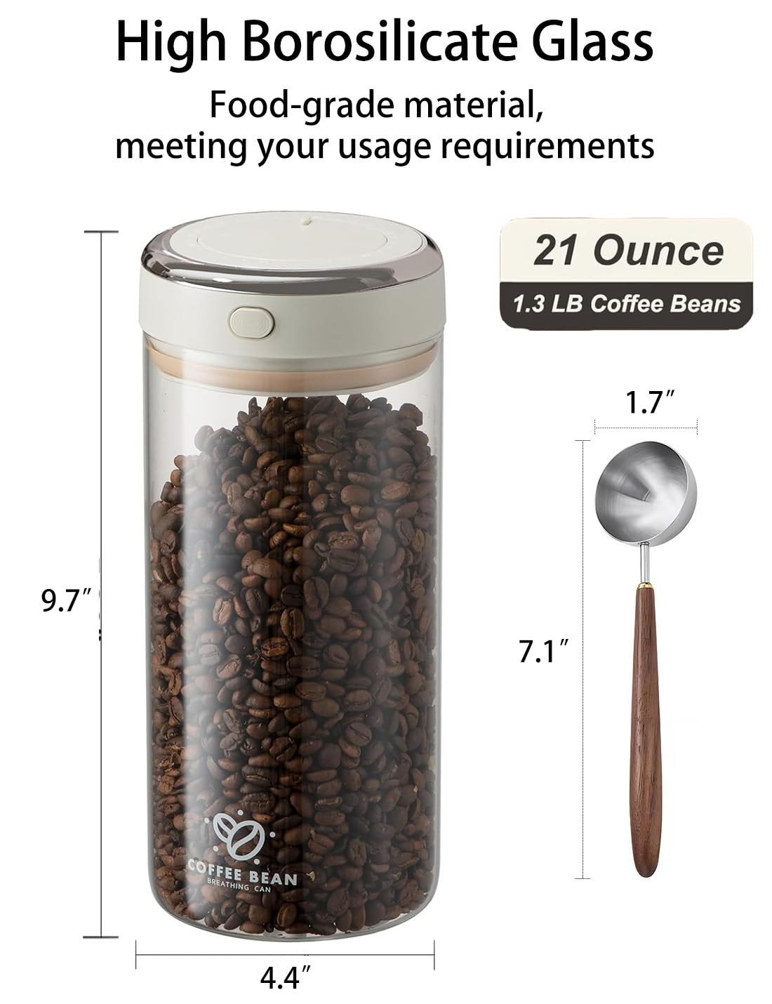 Contenitore per chicchi di caffè con valvola unidirezionale, coperchio ermetico, datario, per caffè e altri alimenti, contenitore per caffè e altri alimenti, contenitore per caffè in vetro