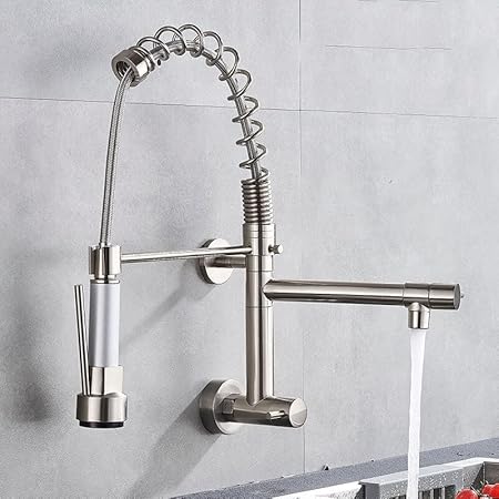 InArt Single Lever Wall-Mounted Kitchen Sink Tap 360 degree Swivel Pull-Down Sprayer Kitchen Faucet with Multi-Function Spray Head (Chrome Color)