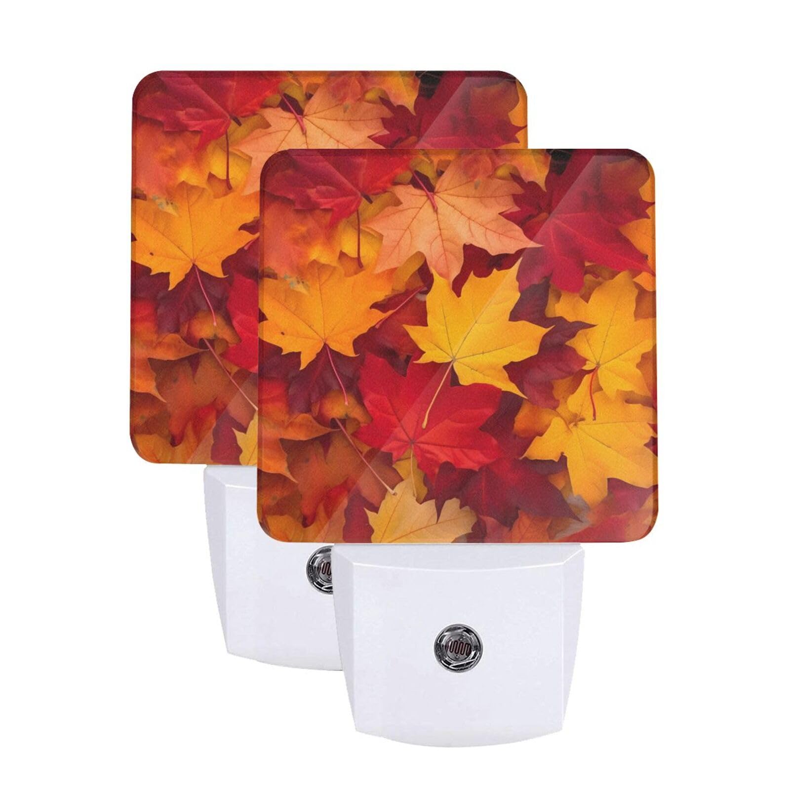 Autumn Maple Leaves Night Light Set of 2, Fall Thanksgiving Auto Sensor LED Dusk-to-Dawn Nightlights, Plug-in Sensor Lamp for Bedroom Bathroom Kitchen Hallway Stairs Decorative