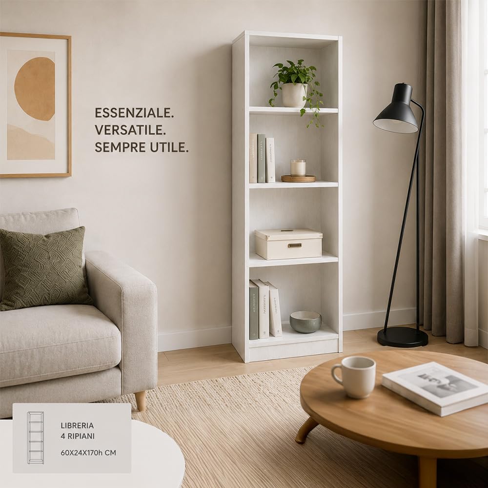 Libreria Verticale in Legno MDF - con Ripiani, Portaoggetti, a Giorno, Multiuso, per Ufficio, Soggiorno, Camera, Cucina, Autoportante - Texture Venata (Bianco, 60X24X170h CM)