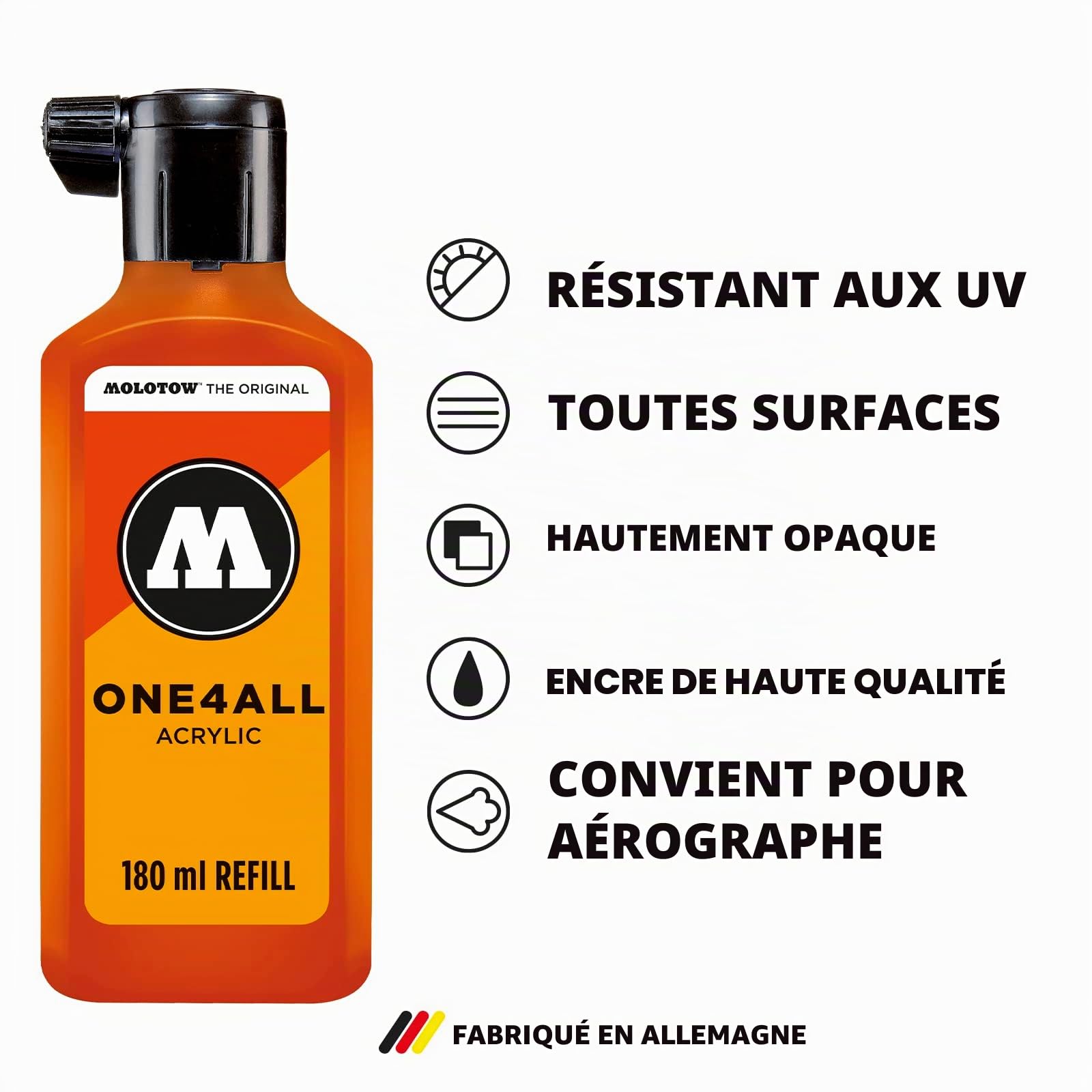Molotow ONE4ALL Recharge acrylique, couleur 160 signal blanc 180 ml, recharge d'encre pour marqueur permanent