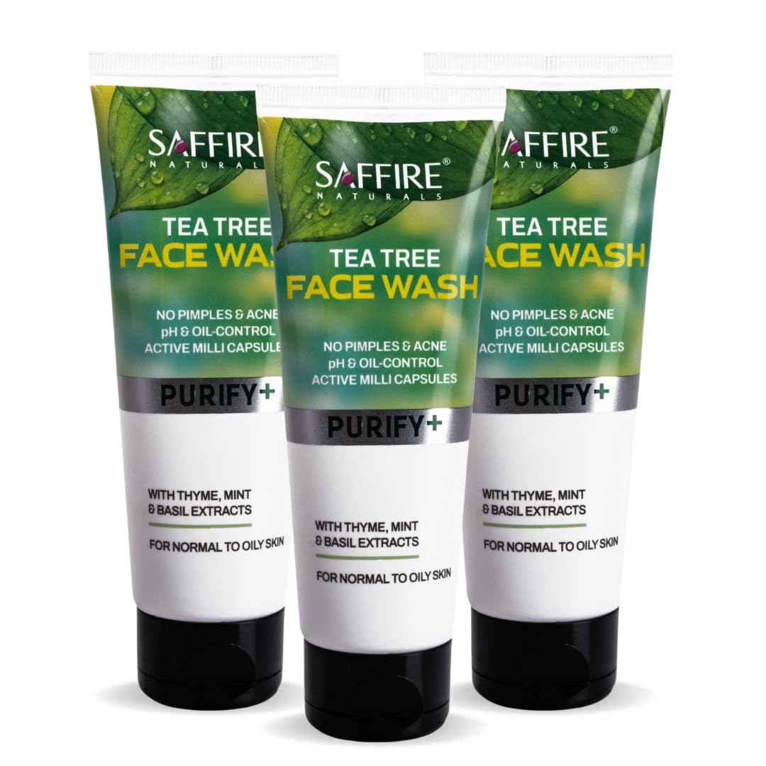 Saffire Naturals Tea Tree Purifying & cleansing Face wash | Controls Acne & pimples | With Thyme, basil & mint extracts | for oil free skin | Pack of 3