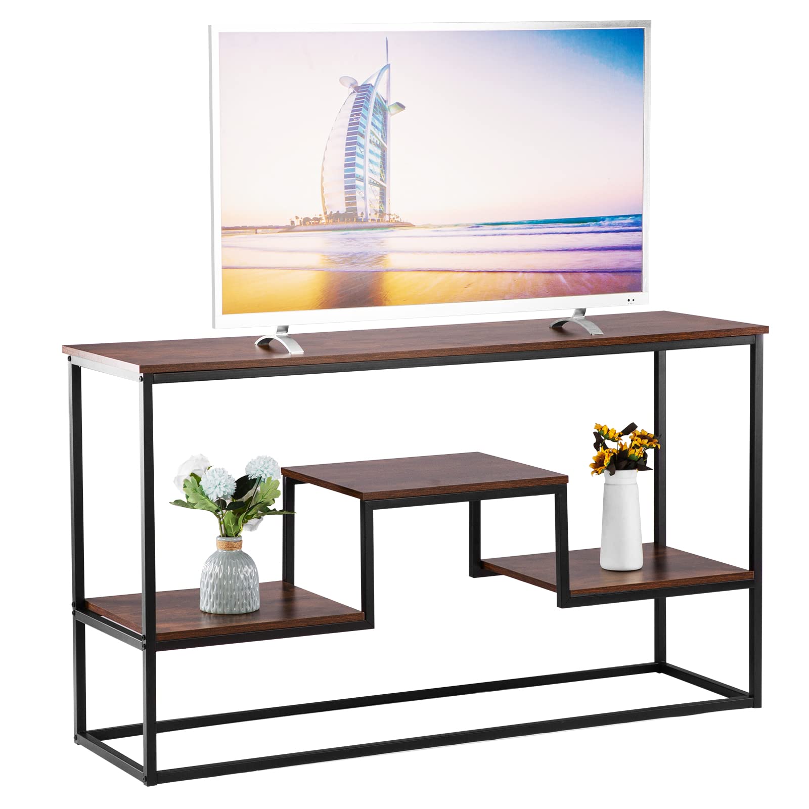 YOUDENOVA Industrial TV Stand for TV up to 65 inch, 55" TV Cabinet with 3 Tier Storage Shelves, Entertainment Center TV Console Table with Metal Frame for Living Room, Rustic Brown