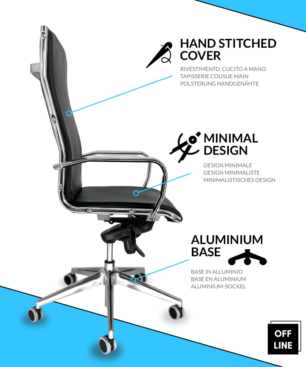 OFF LINE Sedia Ergonomica per Ufficio e per Smart Working, Ruote Silenziose, Per Uso al PC, in Finta Pelle Nera e Telaio con Braccioli in Acciaio Cromato, Schienale Alto (70x70x120 cm)