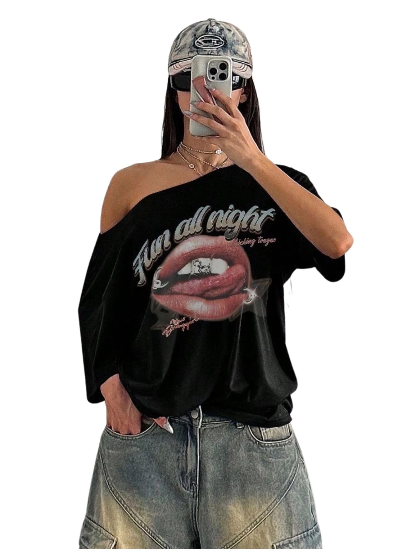 sxv style Women's Loose Punk Subculture Lip Print Black Short Sleeve Oversized T-Shirt-picture-52