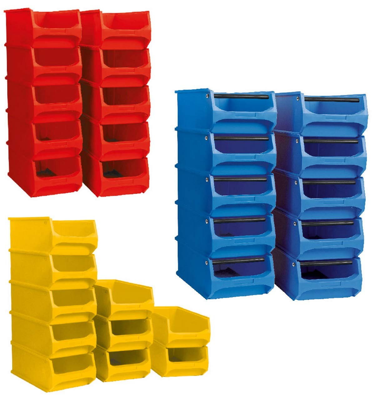 BRB Lot de 30 boîtes empilables transparentes de qualité industrielle, 3 tailles, 10 x LB5 jaune, 10 x LB4 rouge, 10 x LB3T bleu