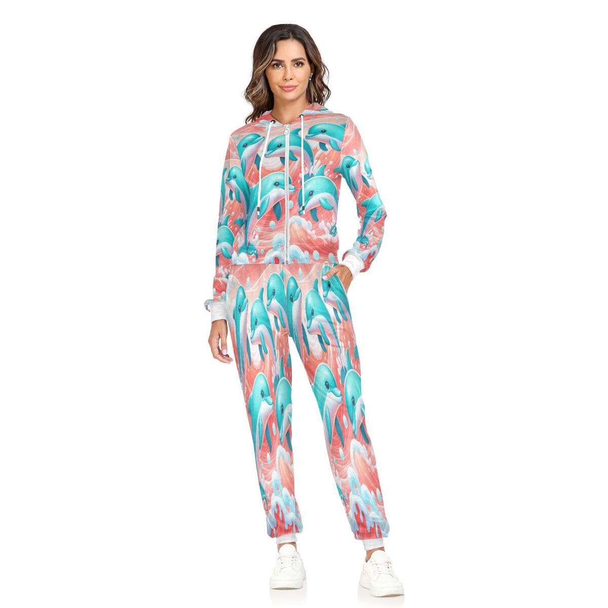 Conjunto deportivo de 2 piezas para mujer, diseño de delfín, color turquesa y blanco, de manga larga, con estampado de delfines oceánicos