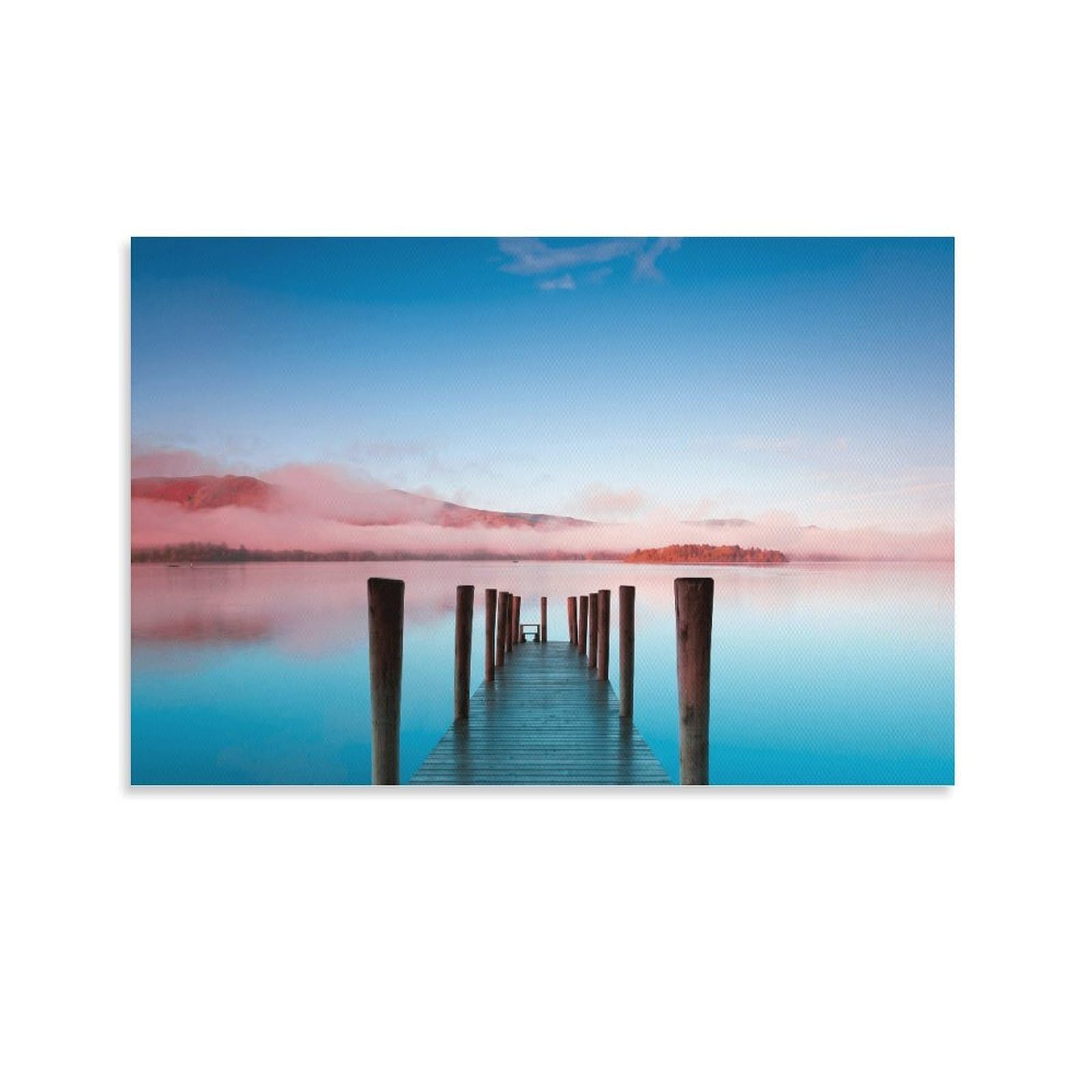 XPASHIQWC Pink Mist Lake Poster Artwork Wooden Pier Giclee Canvas Prints Modern Canvas Wall Art Picture Wall Hanging for Home Decorations 24x36inch(60x90cm)