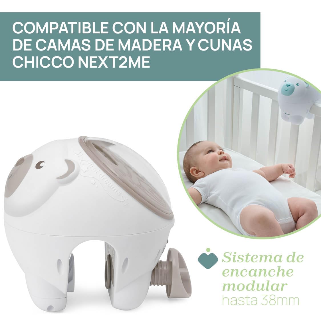 Chicco Projecteur Ours Polaire 2en1, Veilleuse bébé Pour berceaux, lits d'enfant et chevets Next2Me, projection d'une aurore boréale, 30 minutes de musique classique, sons de la nature, 0 mois et plus