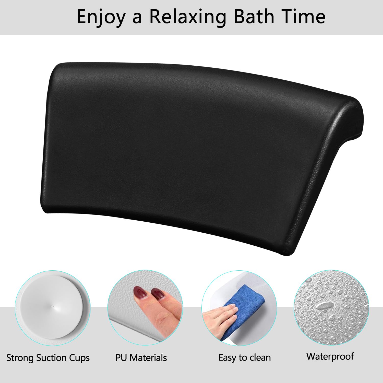 Almohada de Bañera Ergonómica con Ventosas Antideslizantes - Cojín Impermeable para Soporte Cervical, Confort y Relajación en el Baño o SPA en Casa - Color Negro