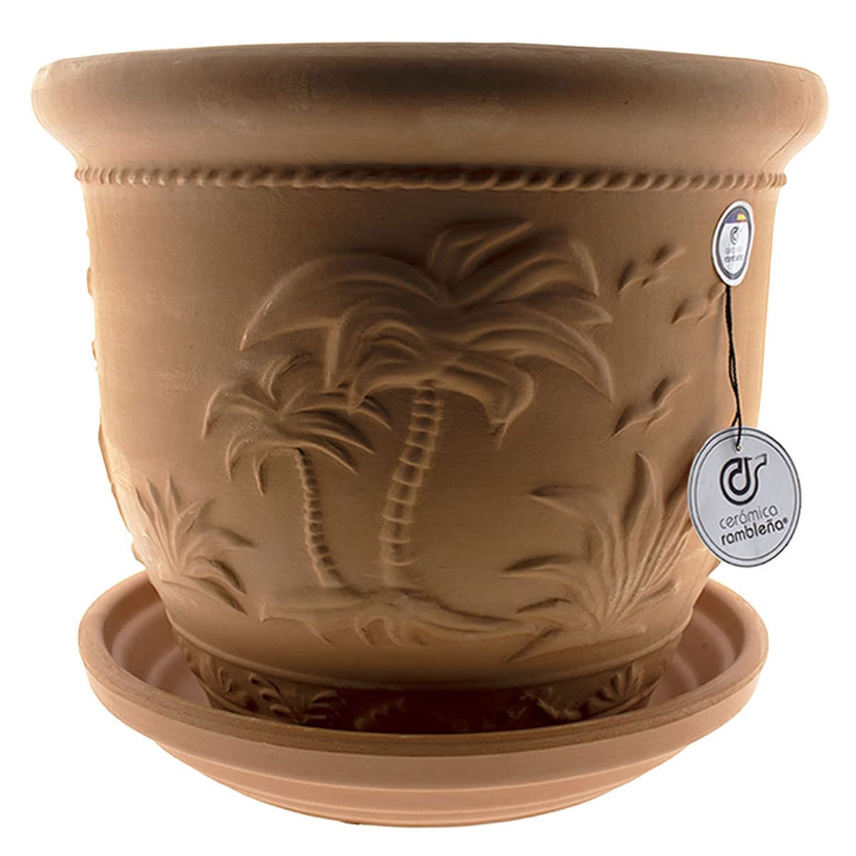 CERÁMICA RAMBLEÑA | Maceta Grande | Maceta Original | Maceta Exterior | Maceta Suelo Terracota - Modelo J38 | Plato Incluido | 32x32x28 cm