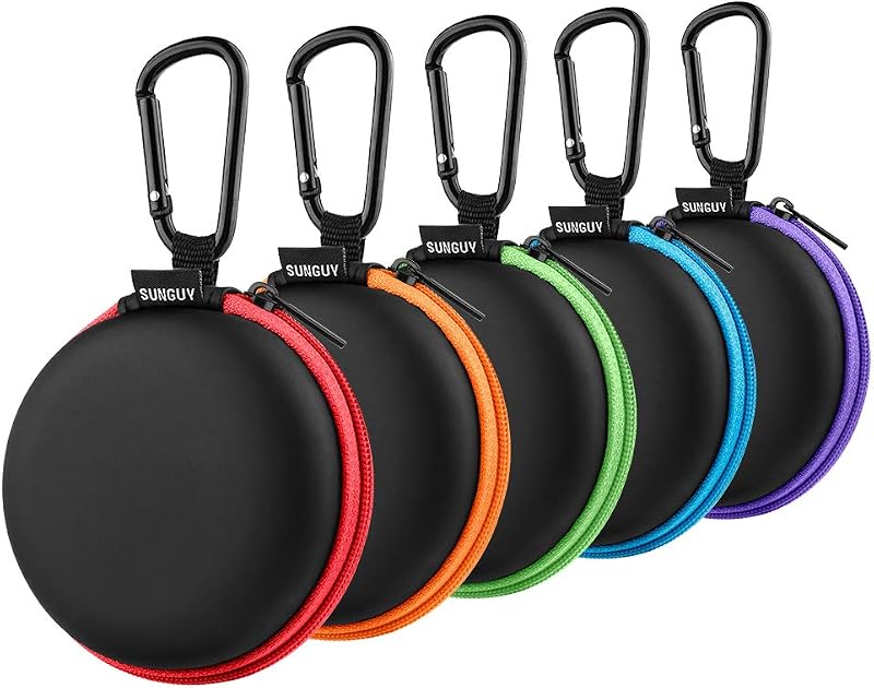 SUNGUY [5-Pack Earphone Carry Case, Small Round Pocket Earbud Travel Carrying Case with Zipper for Smartphone Earphone, Wireless Headset, USB Cable, SD Cards Storage Bags, Masks and More | [5-Pack]