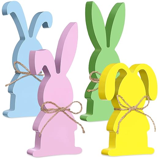 4 Pcs Easter Bunny Table Wooden Signs Bunny Shaped Farmhouse Decor Spring Bunny Wood Tabletop Easter Decorations Easter Bunny Dining Room Table Decor Sign Bunny Decor with Rope (Vibrant)