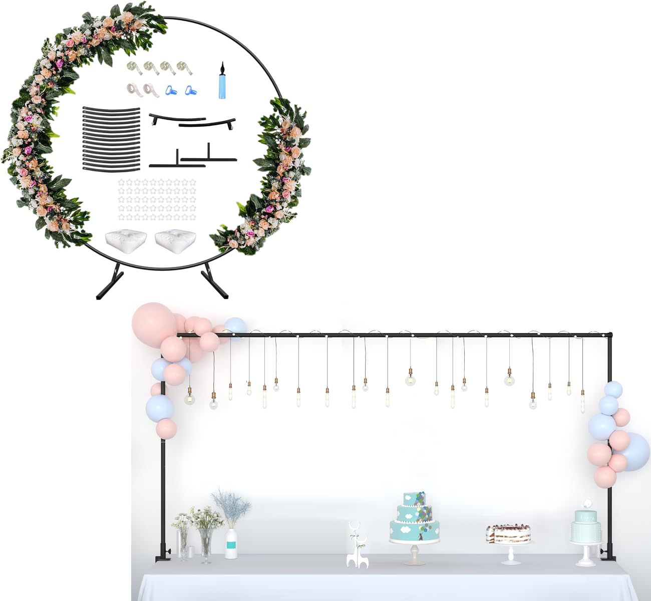 AnBaiMei32-80 Inch Length Adjustable Over the Table Rod Stand with Clamps, 7 Ft Round Black Wedding Arch Stand for Birthday, Party Decoration