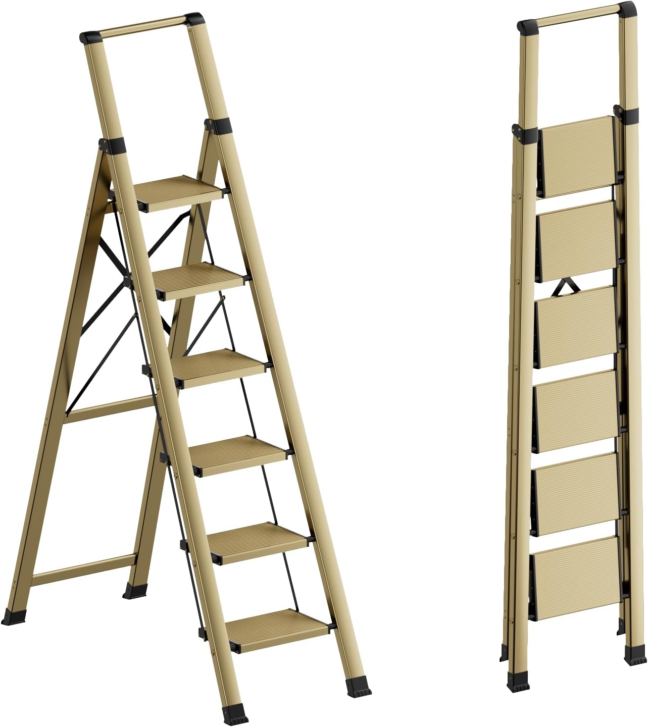 GameGem 6 Step Ladder for 12 Feet High Ceiling, Lightweight Aluminum Folding Step Stool with Convenient Handgrip, Stepladders with Anti-Slip and Wide Pedal for Home Use Space Saving - Gold