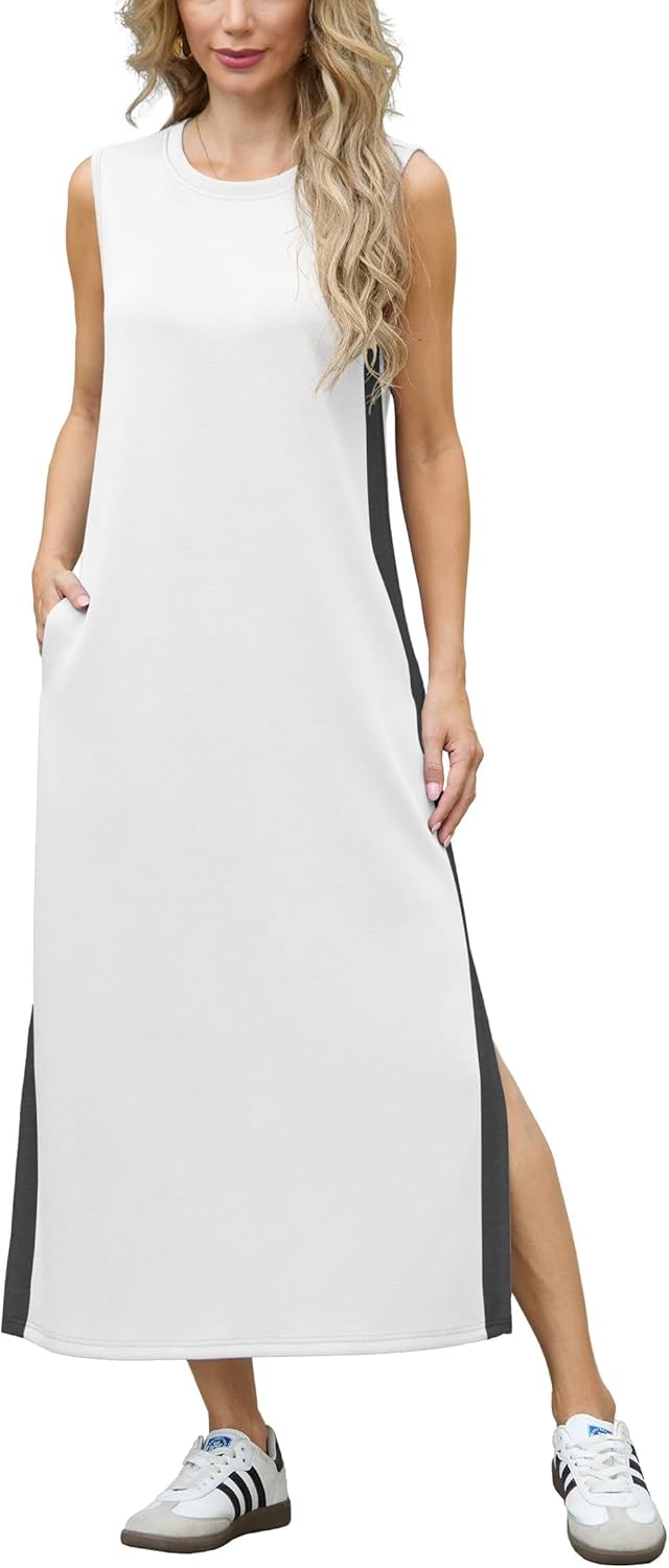 GRECERELLE 2025 Women Summer Color Blocking Round Neck Sleeveless Casual Wrinkle-Free Side Split Maxi Dress with Pockets
