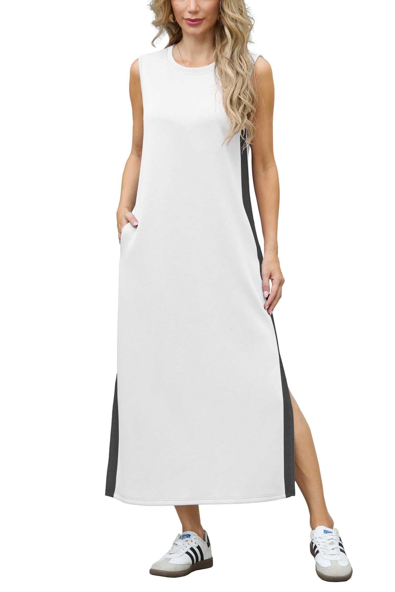 GRECERELLE 2025 Women Summer Color Blocking Round Neck Sleeveless Casual Wrinkle-Free Side Split Maxi Dress with Pockets