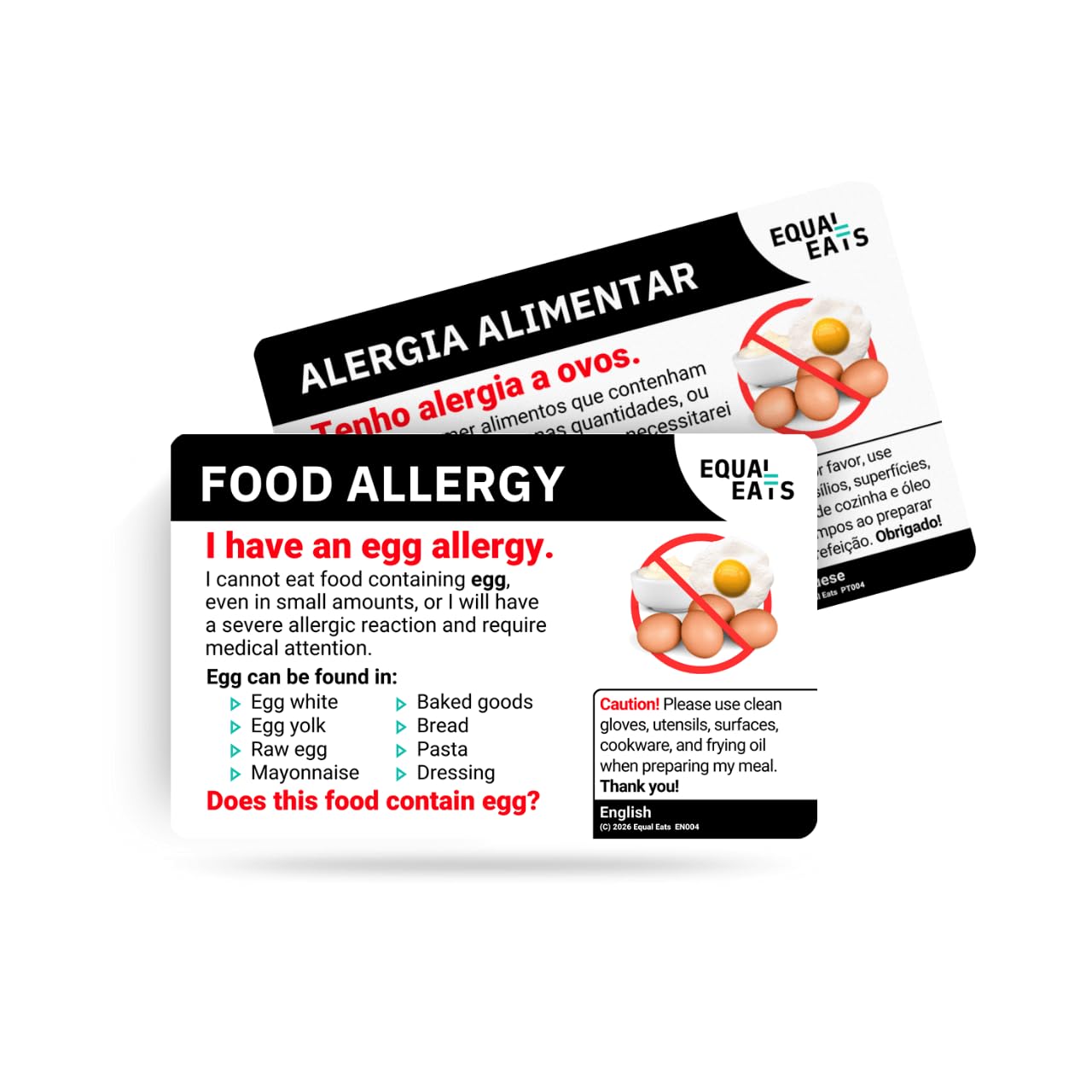 Equal Eats Egg Allergy Translation Card, Credit Card Size, Dining Safety and Restaurant Communication (Portuguese (Portugal))