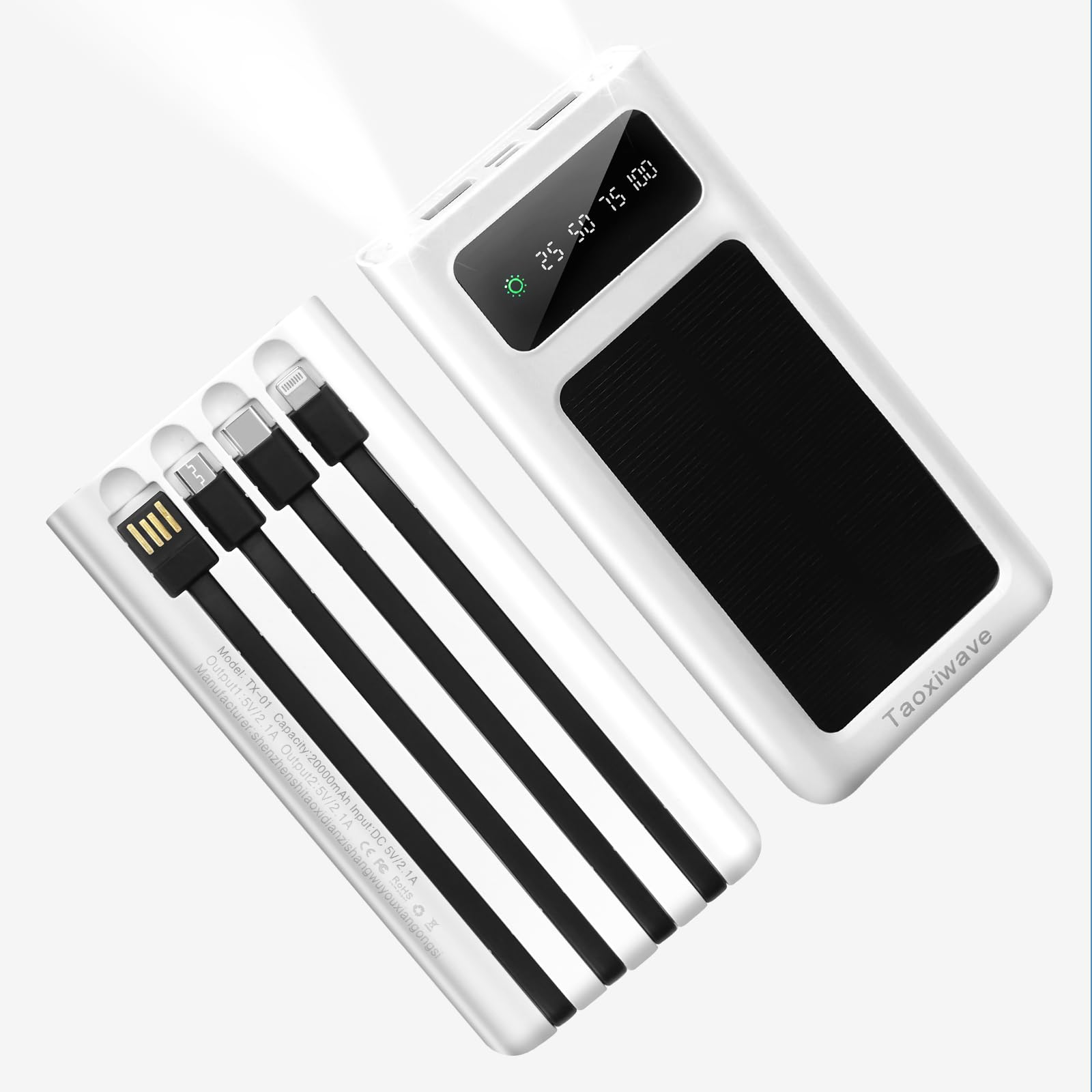 Power-Bank-Solar-Charger - 20000mAh Portable Charger,Solar Power Bank,Camping External Backup Battery Pack,Fast Solar Panel Charger with Dual Flashlight and 4 USB Cables (White)-image-30