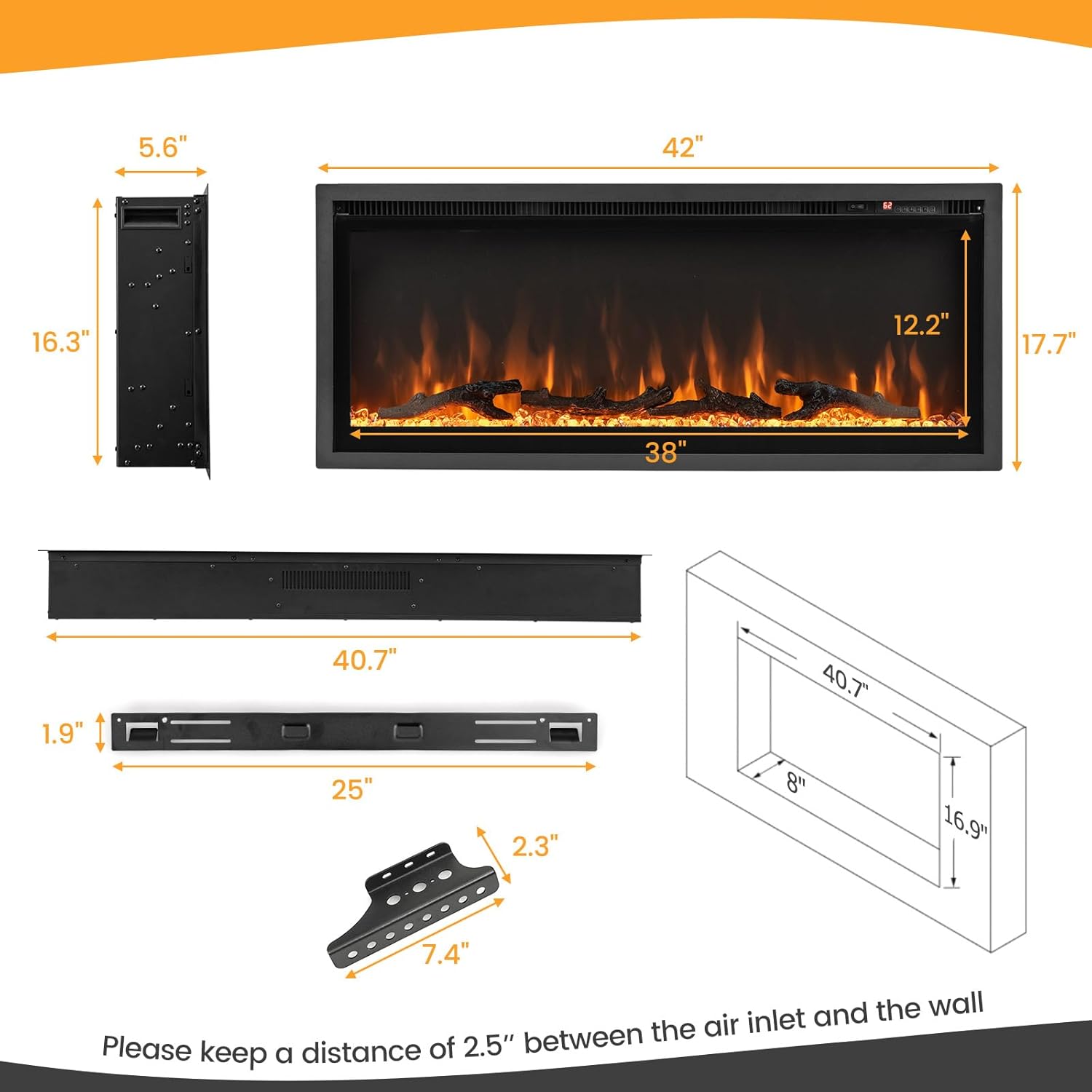 tangkula 42 inch electric fireplace close up of controls and flame