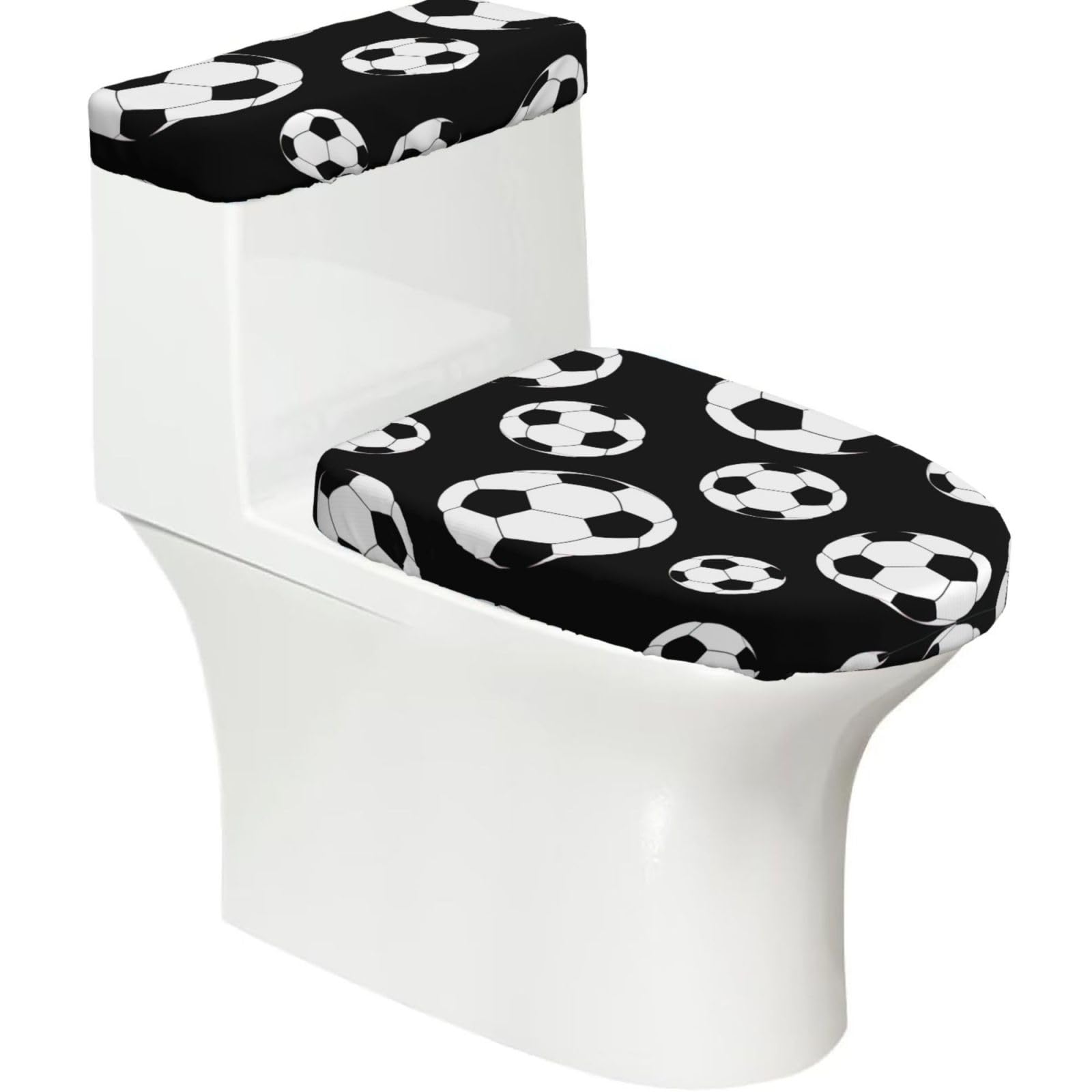 Soccer Black Printed Toilet Tank and Lid Cover Set of 2 for Most Bathrooms, Fits Elongated Round Toilets