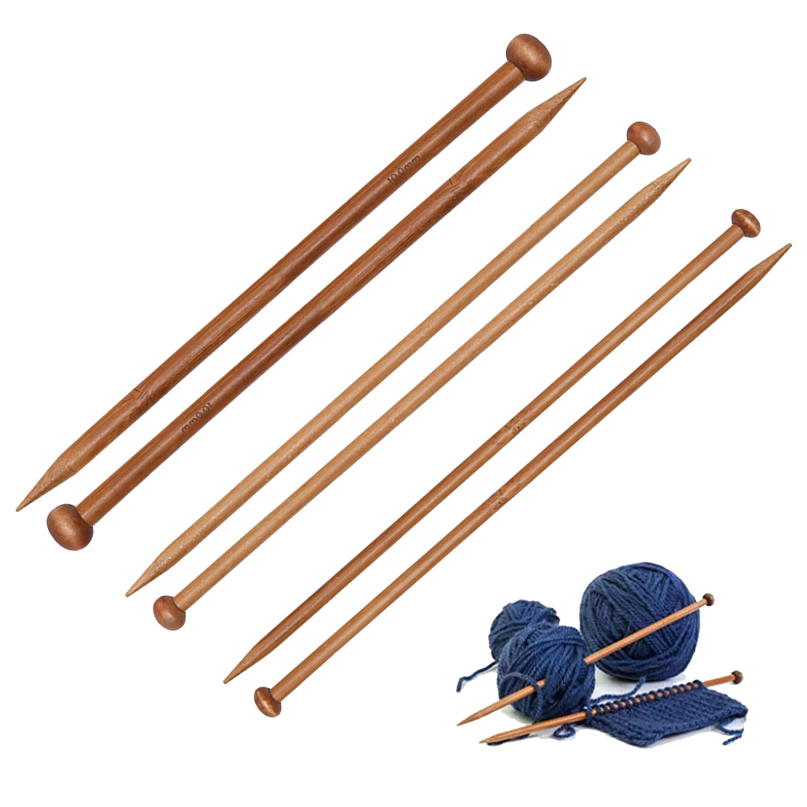 Treetribe Brown 6 Pcs Bamboo Knitting Needles Set,Lightweight Wooden Knitting Needles Set - Different Sizes Bamboo Needles For Blanket For Diy Handmade Wool Sweater Scarf, Beginner (6/8/10Mm*25Cm)