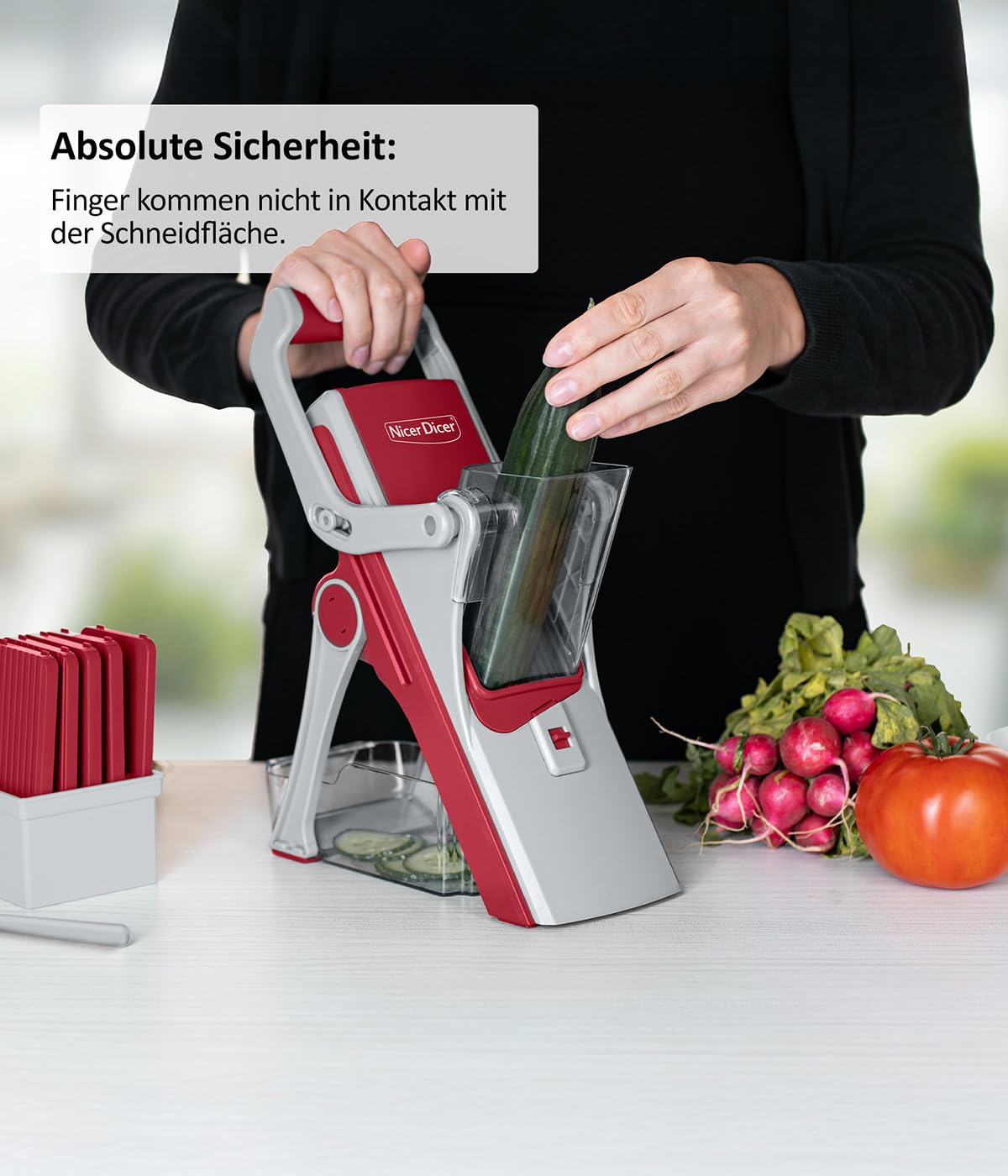 Genius Nicer Dicer Mando, affettaverdure, 12 pezzi, affettaverdure, affettaverdure, mandolina, tagliaverdure con 6 lame intercambiabili, affettaverdure (rosso e grigio)