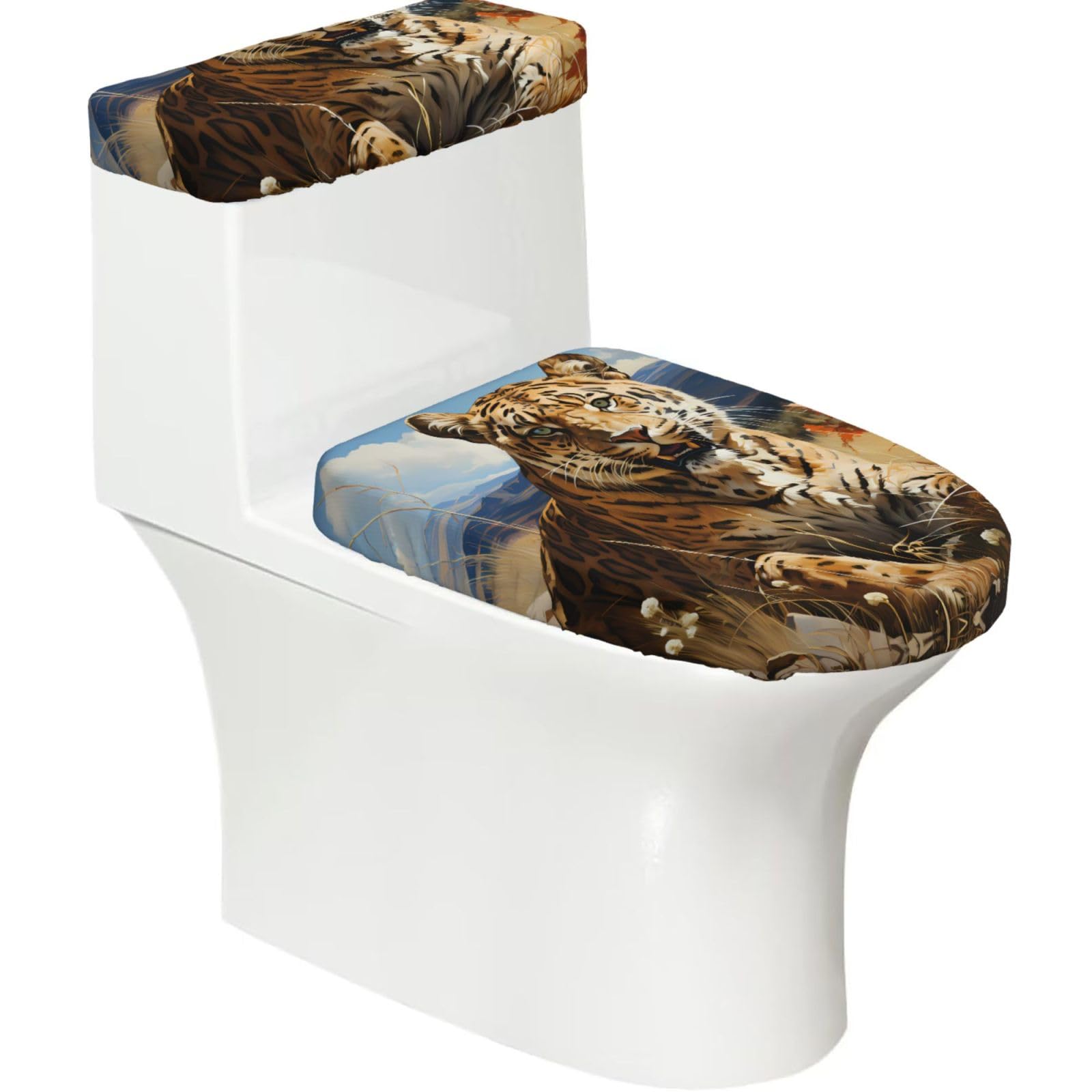 Leopard in Search of Prey 2-Piece Toilet Seat Cover Set with Tank Lid - Elastic for U-Shape & Elongated - Bathroom Decor