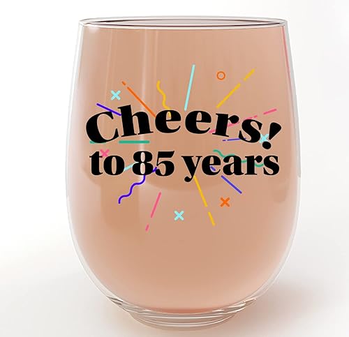 Cheers! to 85 años, impreso, cumpleaños, copa de vino sin tallo de 17 onzas, regalo 85, decoración, decoración